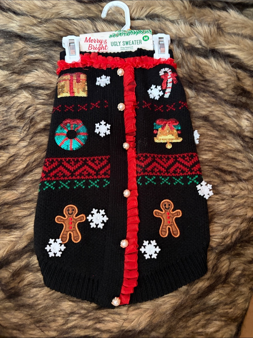 Merry & Bright Black Holiday Ugly Sweater Dog Costume With Sequins Size Medium